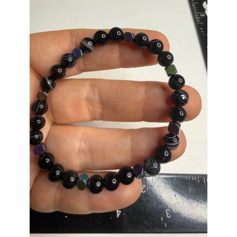 Black Banded Agate and Iridescent Rainbow Hematite Stretch Bead Bracelet